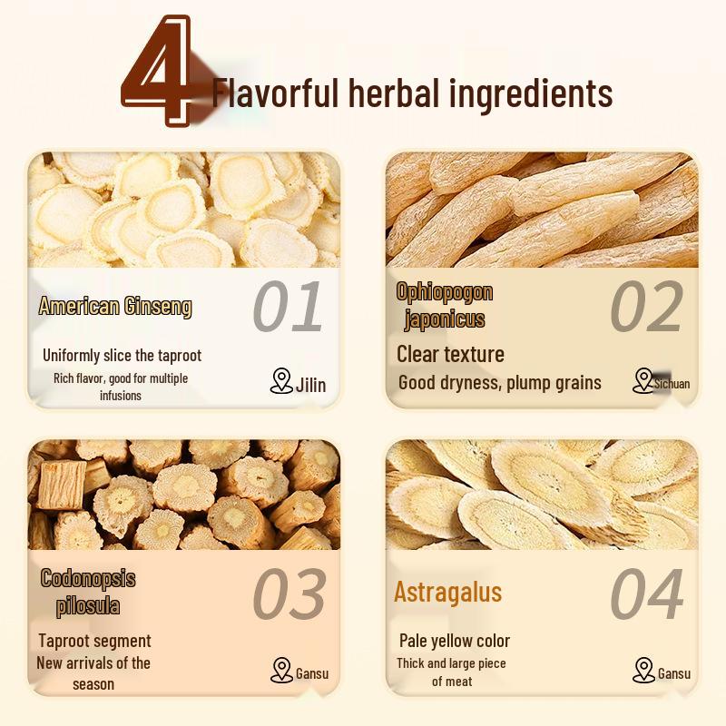 Vitality Four Treasures: American Ginseng, Astragalus, Dang Shen, and Mai Dong Herbal Tea Bags