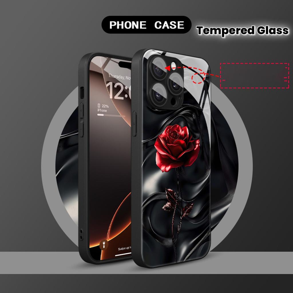 Abstract Red Rose Pattern Tempered Glass Phone Case For iPhone 17 Pro Max 16 15 14 13 12 11 Pro 16E 17 Air 7 8 Plus XR X Cover