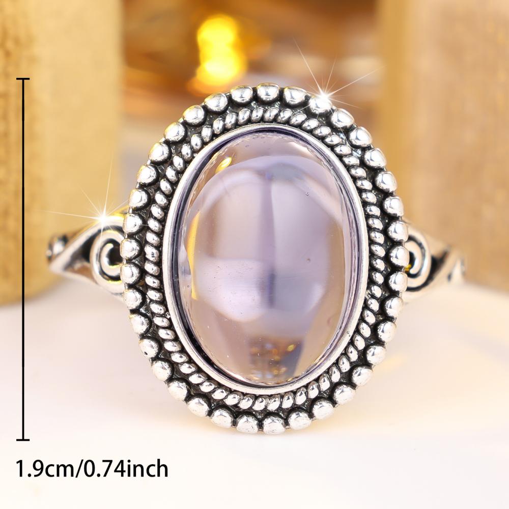 Vintage Silver Color Oval Beaded Stone Ring for Women Fashion Jewelry Gift for Wedding Party Daily