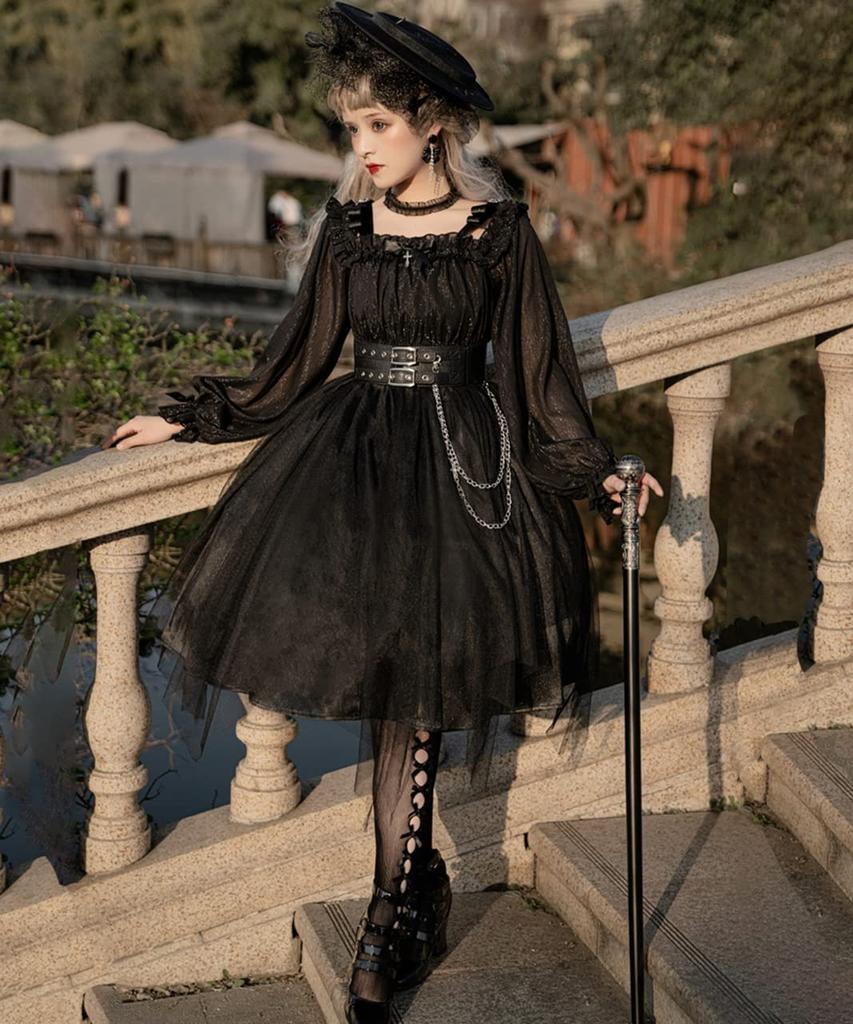 Milky Time Gothic Lolita Dress, Black and Red, with Chiffon and Chains, Cosplay Costume for Women (Small, Black)