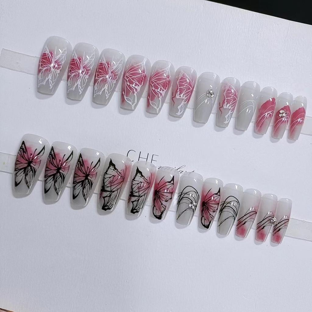 Coffin Fake Nail for Women Butterfly Design Temperament Artificial Nail for Beginners Nail Decoration Practice