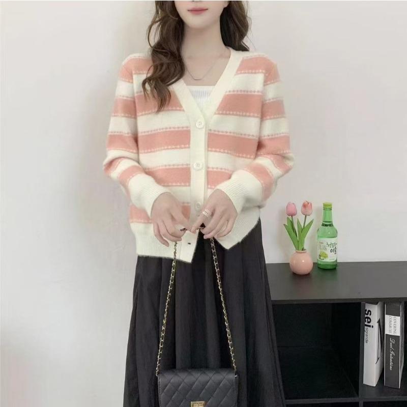 Autumn and winter v-neck striped sweater cardigan design sense casual color matching knitted jacket imitation mink soft waxy age-reducing top