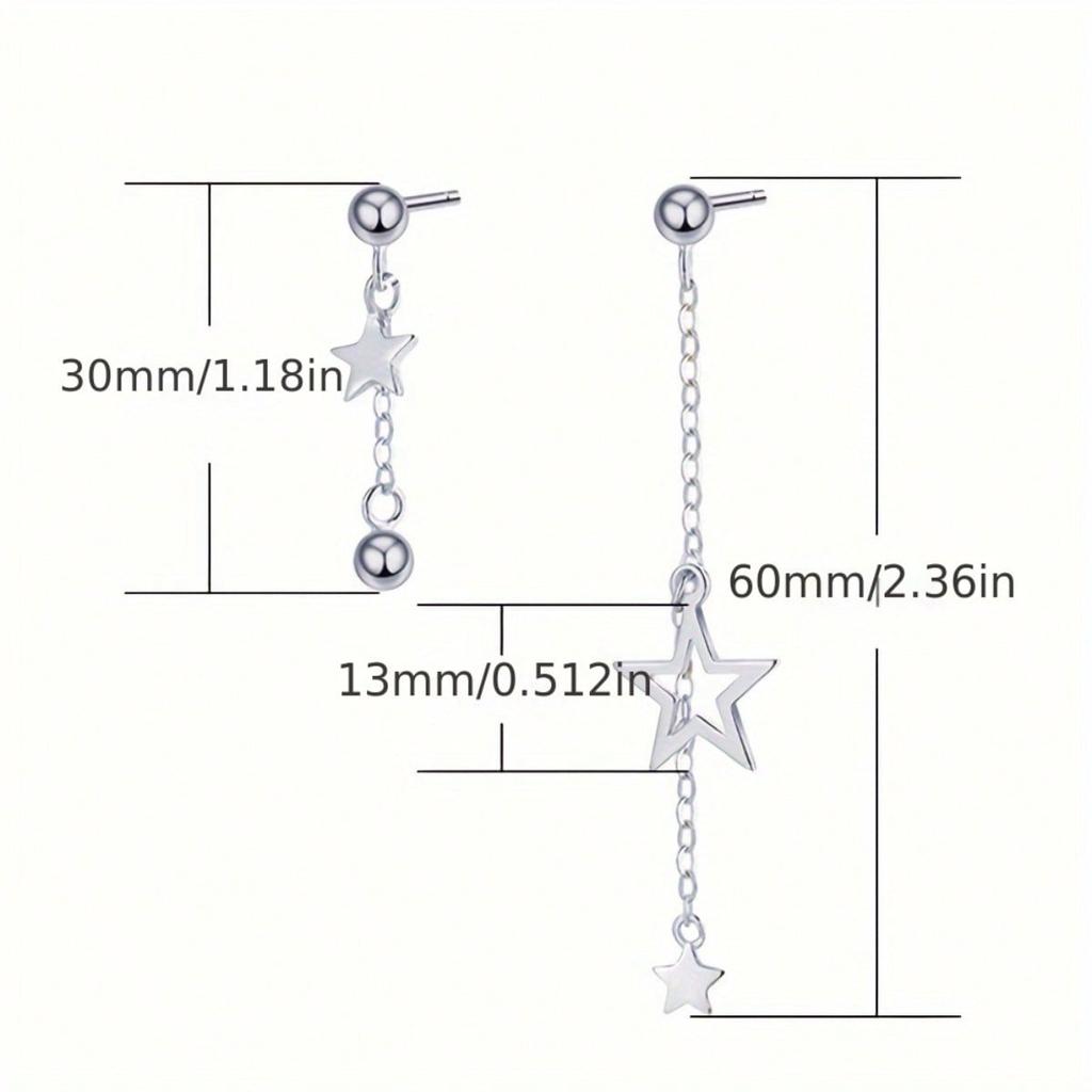 1 Pair of Star Shaped Pendant Chain Earrings, Asymmetrical Earrings, Pentagram Earrings, Exquisite Jewelry, Suitable for Daily Wear