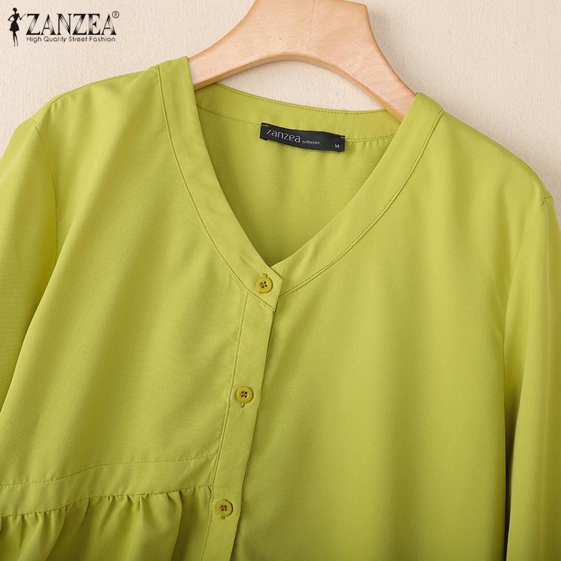 ZANZEA Damska codzienna bluzka z dekoltem w serek, w jednolitym kolorze, luźna, z długim rękawem