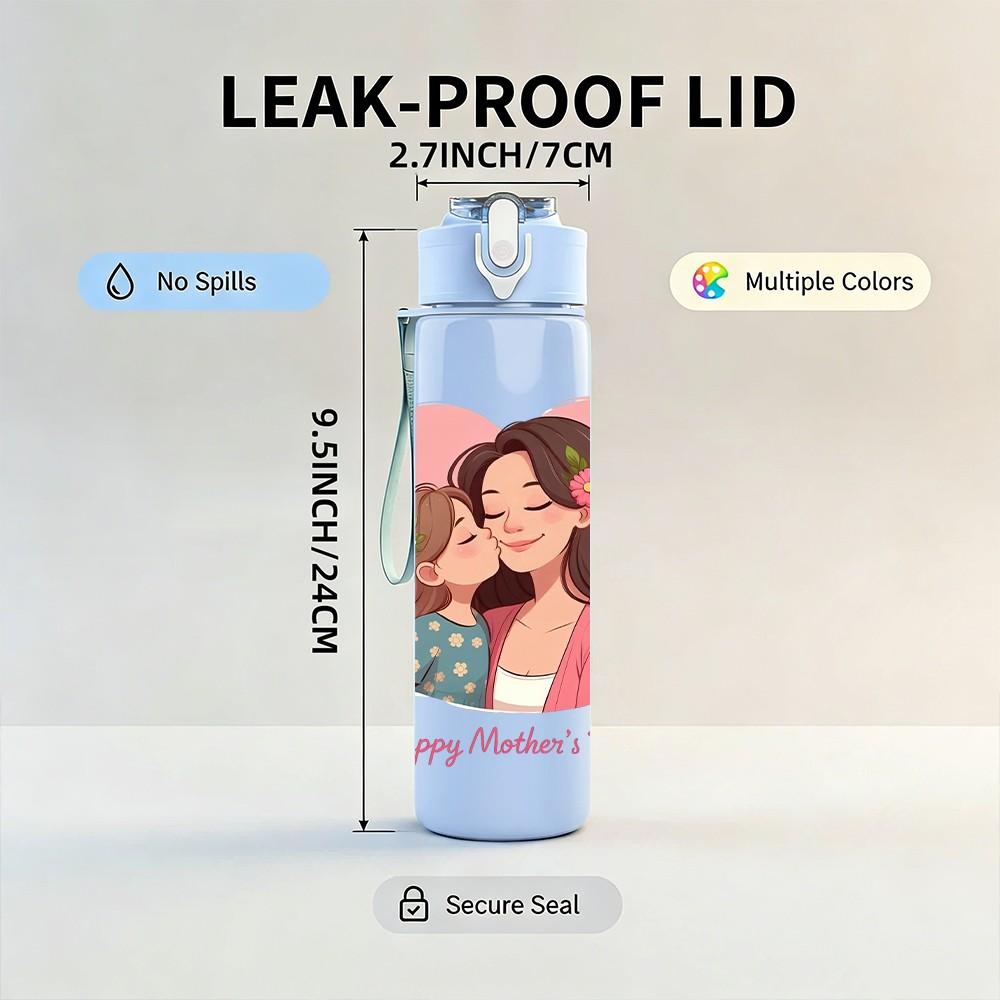 1PC Happy Mothers Day Heart Family Pattern 750ml Color Plastic Sports Water Bottle Leakproof Flip Straw Lid Suitable for Sports Office Home Use