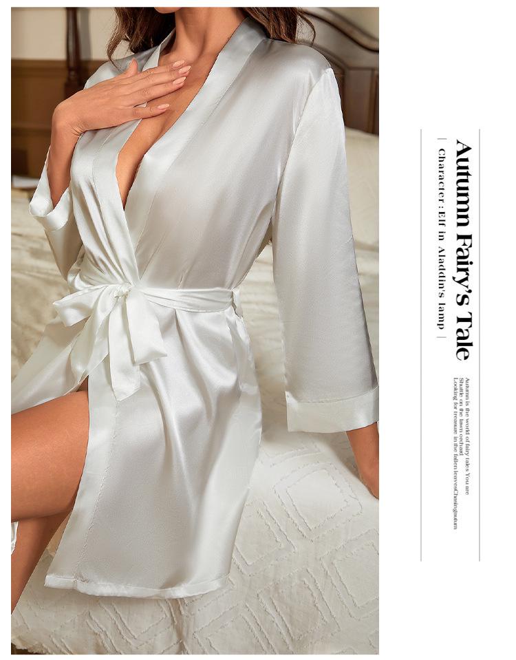 Mid-Sleeve Imitation Silk Women's Tassel Belted Bathrobe Summer Cardigan Pajamas