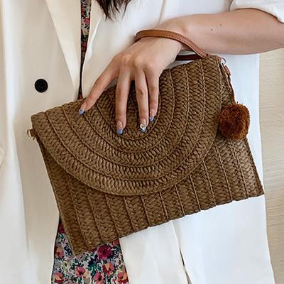 Summer Crossbody Bags Fashion Straw Woven Wallet Casual Portable Handmade Simple Elegant with Hairball Exquisite for Vacation