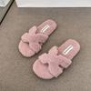 Internet Celebrity Plush Flat Bottom One-word Cotton Slippers Women's Wear 2025 Autumn and Winter New Soft Bottom Comfortable One Pedal Fluff Drag