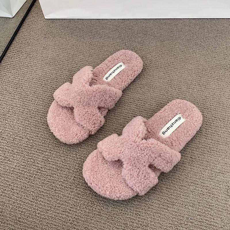 Internet Celebrity Plush Flat Bottom One-word Cotton Slippers Women's Wear 2025 Autumn and Winter New Soft Bottom Comfortable One Pedal Fluff Drag