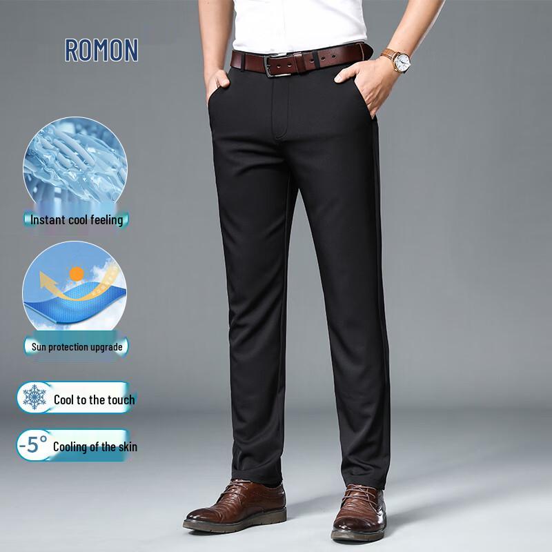 ROMON Men s Summer Ice Silk Straight-Leg Business Casual Pants 29