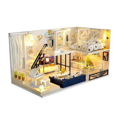 Moin moin Puppenhaus Miniatur Handgefertigtes Bausatz Set Moderner Modellzimmerstil Innenraum Stilvoll Zweistöckig LED-Licht + Acrylkasten Inklusivecastello