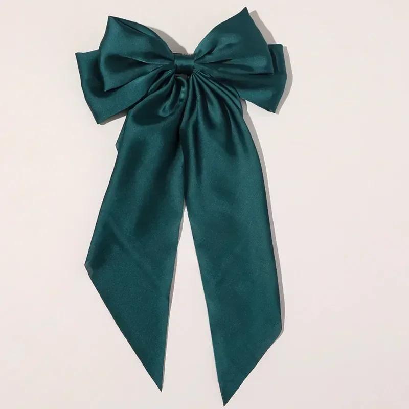 Elegant Large Bow Ribbon Hair Clip for Women Fashion Simple Solid Satin Spring Clip Ponytail Bow Hairpin Girls Hair Accessories зелёный