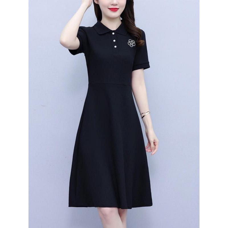Women's Summer Embroidered Black Polo Collar A-Line Dress - Slimming & Fashionable Casual Sporty Style