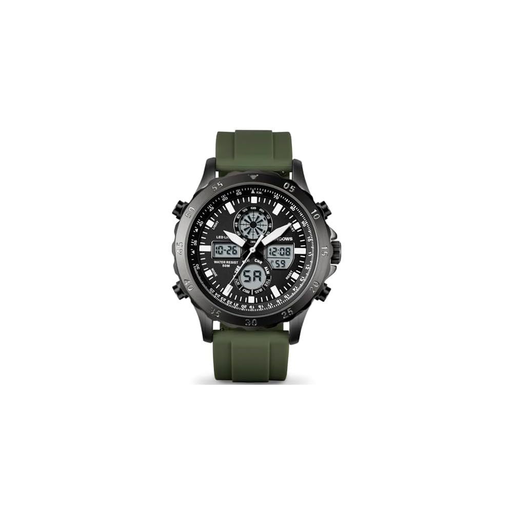 PINDOWS Men s Waterproof Big Dial Analog Digital Sports Watch Green Black with LED Backlight Alarm Stopwatch Calendar