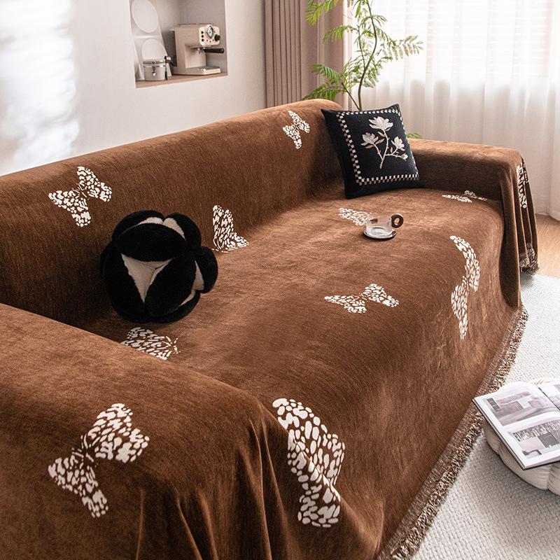 Butterfly Design Sofa Cover - Machine Washable, Pet Scratch Resistant, Black Chenille with White Lace Accents, Perfect for Living Room, Bedroom