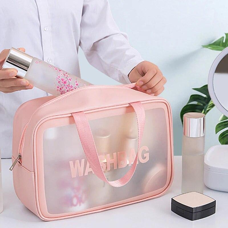 Průhledná třídílná taška na make-up a toaletní potřeby z PU, velkokapacitní poloprůhledná matná přenosná úložná taška z PVC