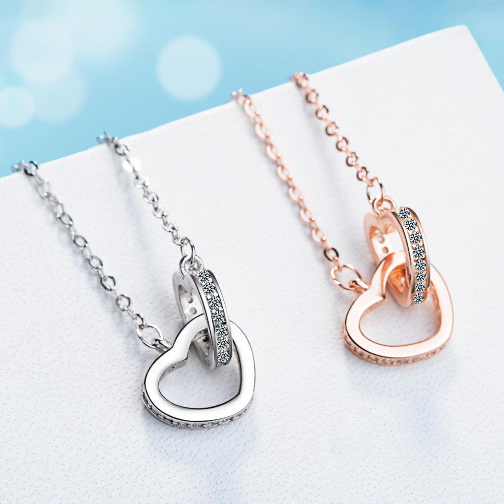 Korean-Japanese Rhinestone Heart Double Ring Necklace - Cute Women's Short Collarbone Chain