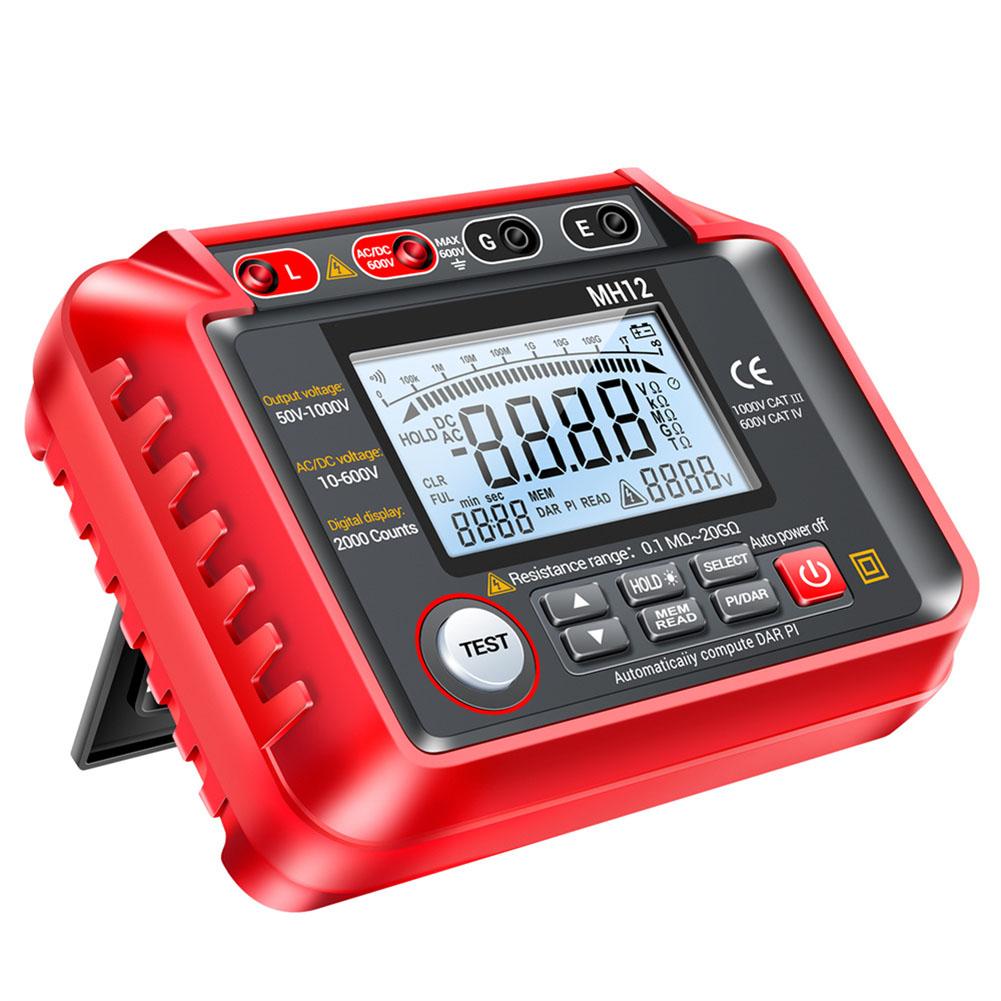 MH12 digital insulation resistance tester with extendable support stand and clear backlit screen for easy field measurement