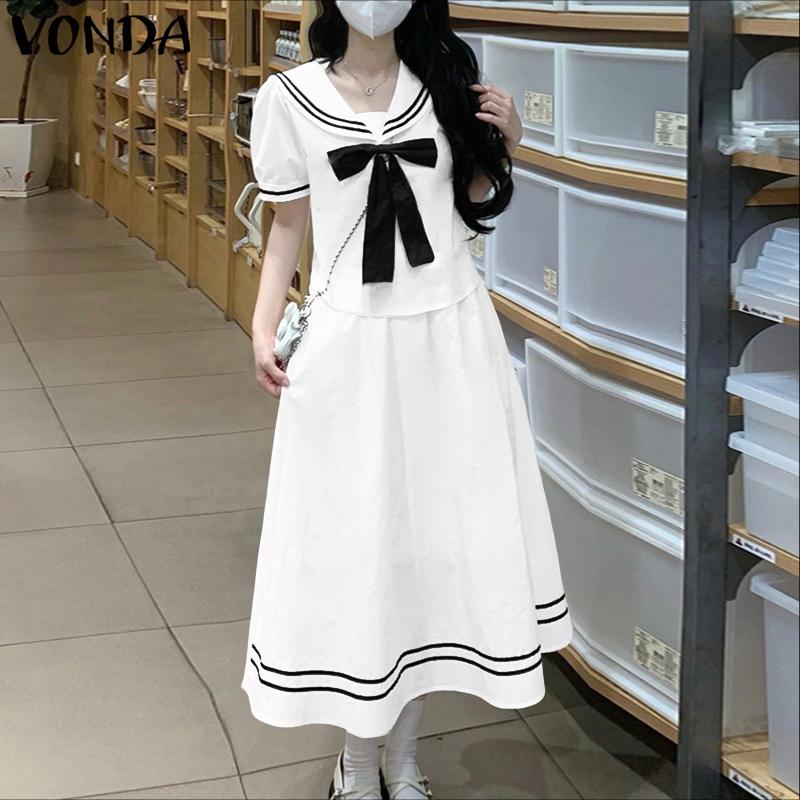 VONDA Two Pieces Women Girls College Style Sets Naval Collar Short Sleeve Blouse and Long Skirts Outfits 