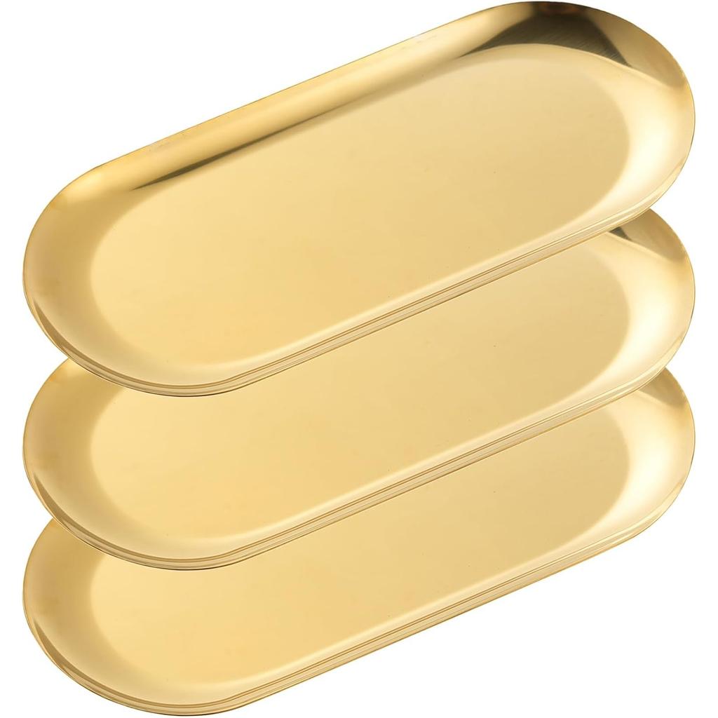 3 Pack Gold Trays for Decor, Stainless Steel Decorative Tray, Small Vanity Tray for Bathroom, Elegant Jewelry Tray for Holding Perfume, Keys, Wallet