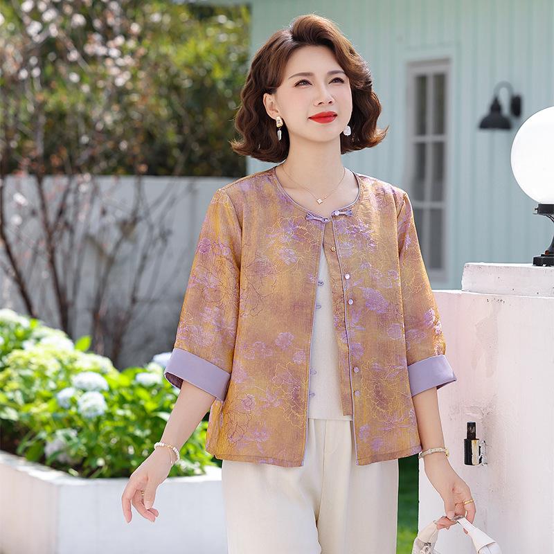 Retro Frog Button Jacquard Top for Middle-aged and Elderly Women - Chinese Style Spring/Summer 2026 T-shirt. 3XL оранжевый