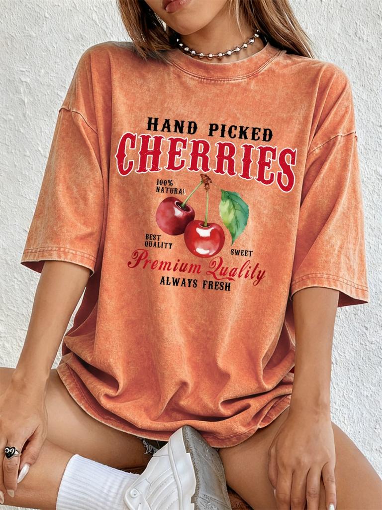 Hand Picked Cherries Fruits Printed Washed T-Shirt Women Cotton Oversized Tops Soft Distressed O-Neck T Shirt Summer Clothes