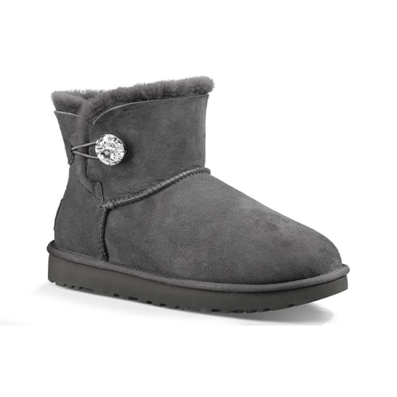 UGG Mini Bailey Button Bling Mid Tops Fleece Lined Gray Women's Sneakers 1016554-GREY