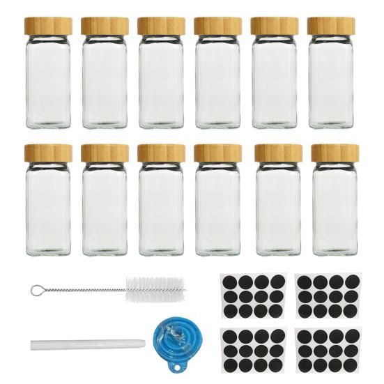 Glazen Specerijpotjes met Etiketstickers 4oz Transparant Glas met Bamboe Deksel en Siliconen Afdichting Keuken Specerijcontainer voor Organisatie, Zout, Peper