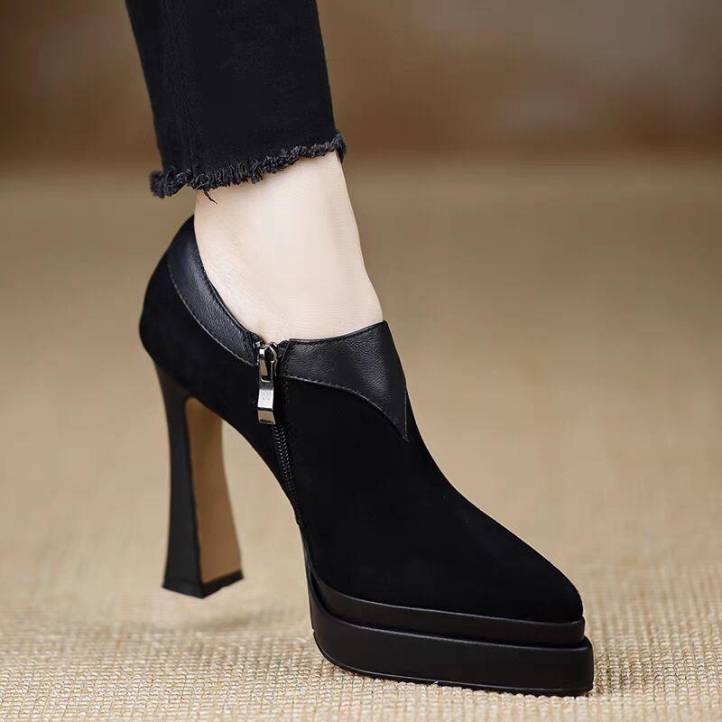 Kvinners spisse plattformsko i semsket skinn med høye hæler Moteselskapsko Kvinne Høst 2025 Trend Elegante kontorpumps Zapatos Mujer