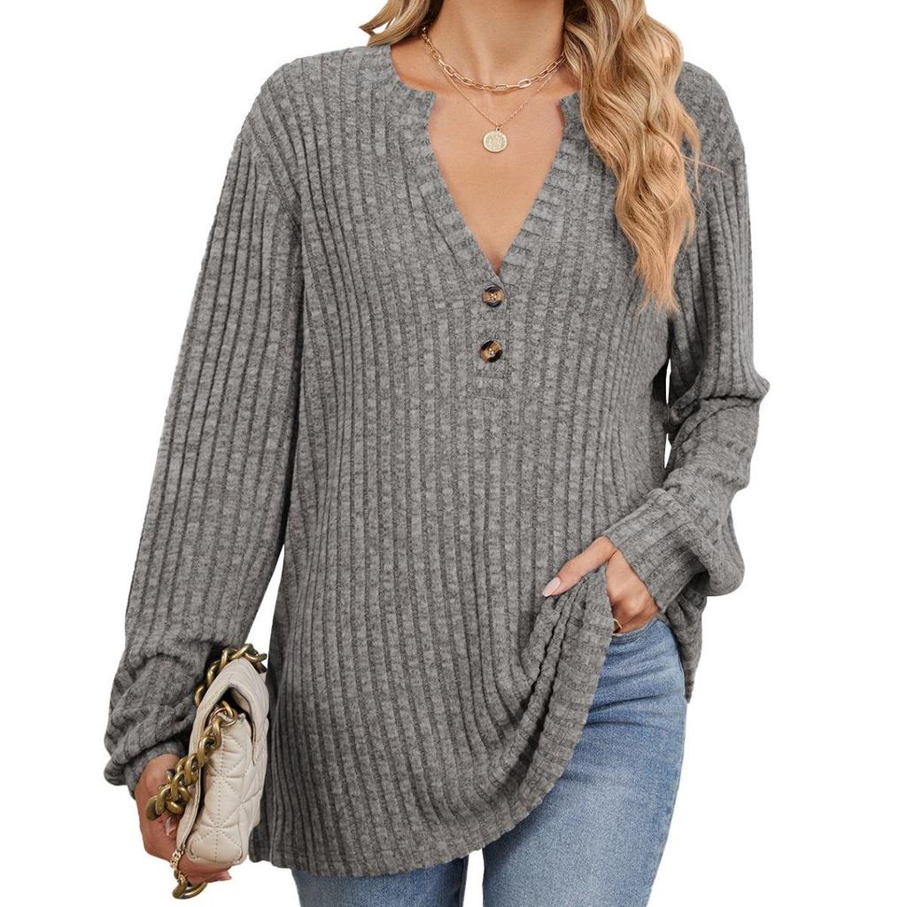 Loose Long Sleeve T-shirt Brushed Solid Color Women's Fall Winter New Leisure Ribbed Button