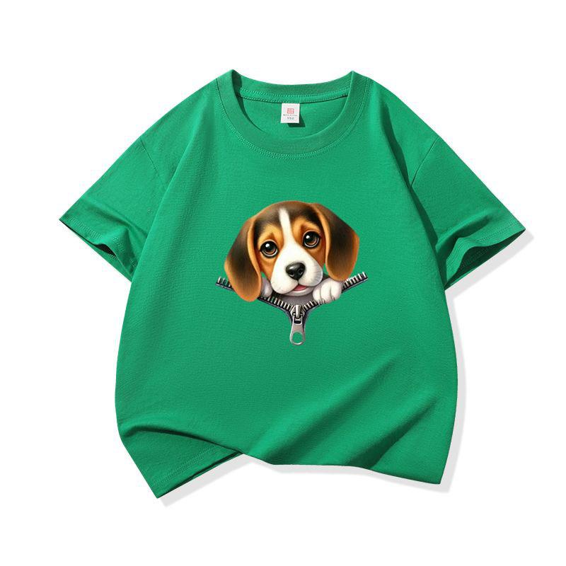 Kids Cotton T Shirt Cute Beagle Puppy Dog Zipper Print Crew Neck Short Sleeve Tee Casual Breathable Boys Girls Summer Tops