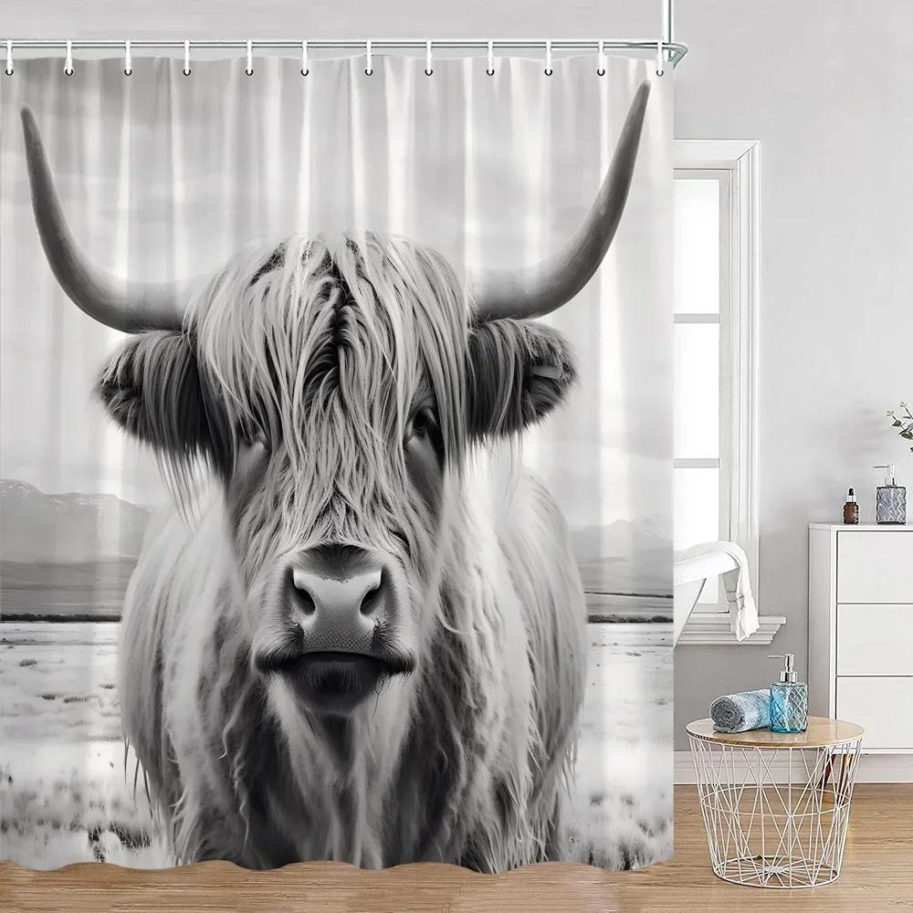 Kreskówkowy Zabawny Zwierzę Kąpielowe Zasłona Prysznicowa Nadruk Krowy Highland Ozdoby Łazienkowe Poliestrowa Zasłona Prysznicowa