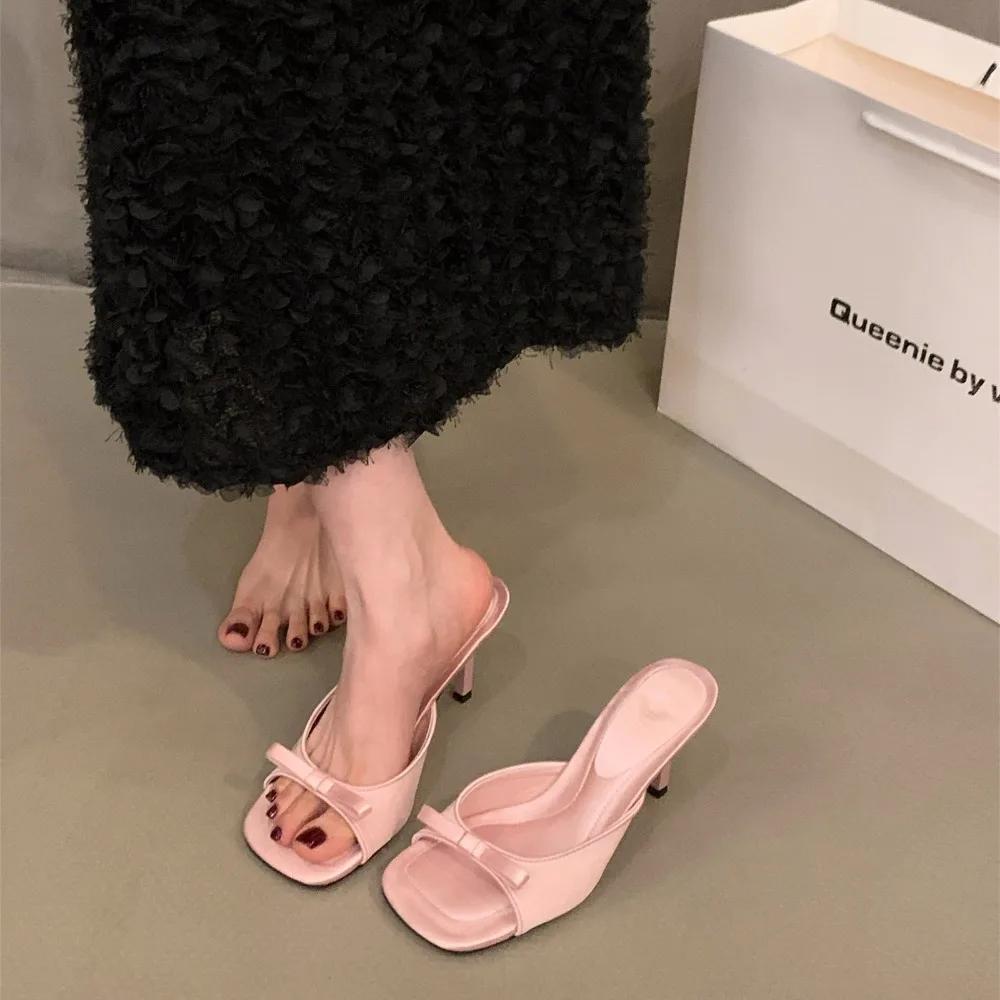 Slipper Mules High Heels Shoes Summer zapatillas mujer Best Street Look Females Square Head Open Toe bow Strappy Sandals Women