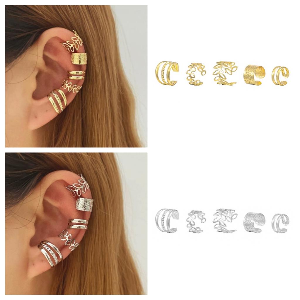 5 Pcs/Set Punk Metal Clip Earrings for Women Fashion Simple Teens Leaves C Shaped Fake Piercing Earbone Earring Party Jewelry