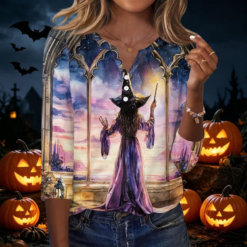 Damen Casual Halloween Print 3/4 Ärmel T-Shirt Top