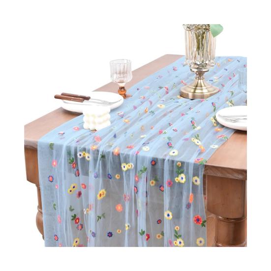 Embroidered Flower Table Runner Sheer Mesh Gauze Tablecloth for Spring Summer Delicate Floral Lace Table Decor for Wedding Party Dining Table