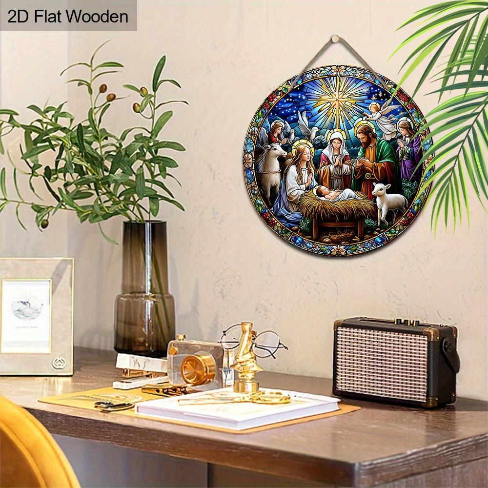 Nativity Scene Wooden Sign, Jesus Born Round Ornament for Front Door Wall Hanging Decor, Ideal Christmas Gift for Christians