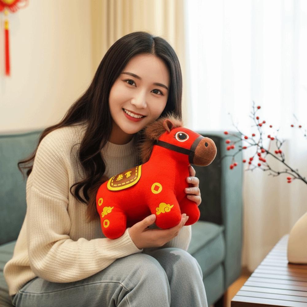 Red Horse Plush Toys Letter Print Soft Stuffed Cartoon Horse Doll Decorative Realistic Zodiac Pony Figurine Chinese New Year
