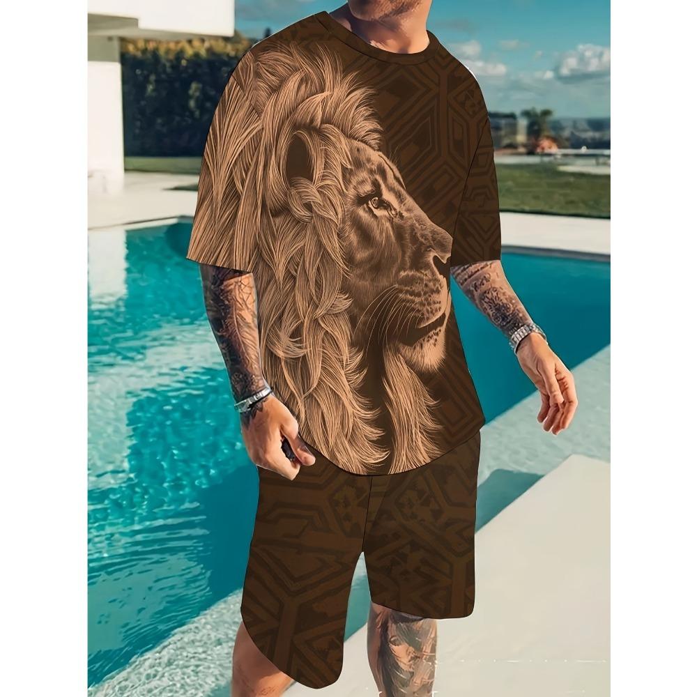 Fashionable and Comfortable Lion Print Short Sleeve T-Shirt and Shorts Set, Loose Summer Men's Two-Piece Outfit