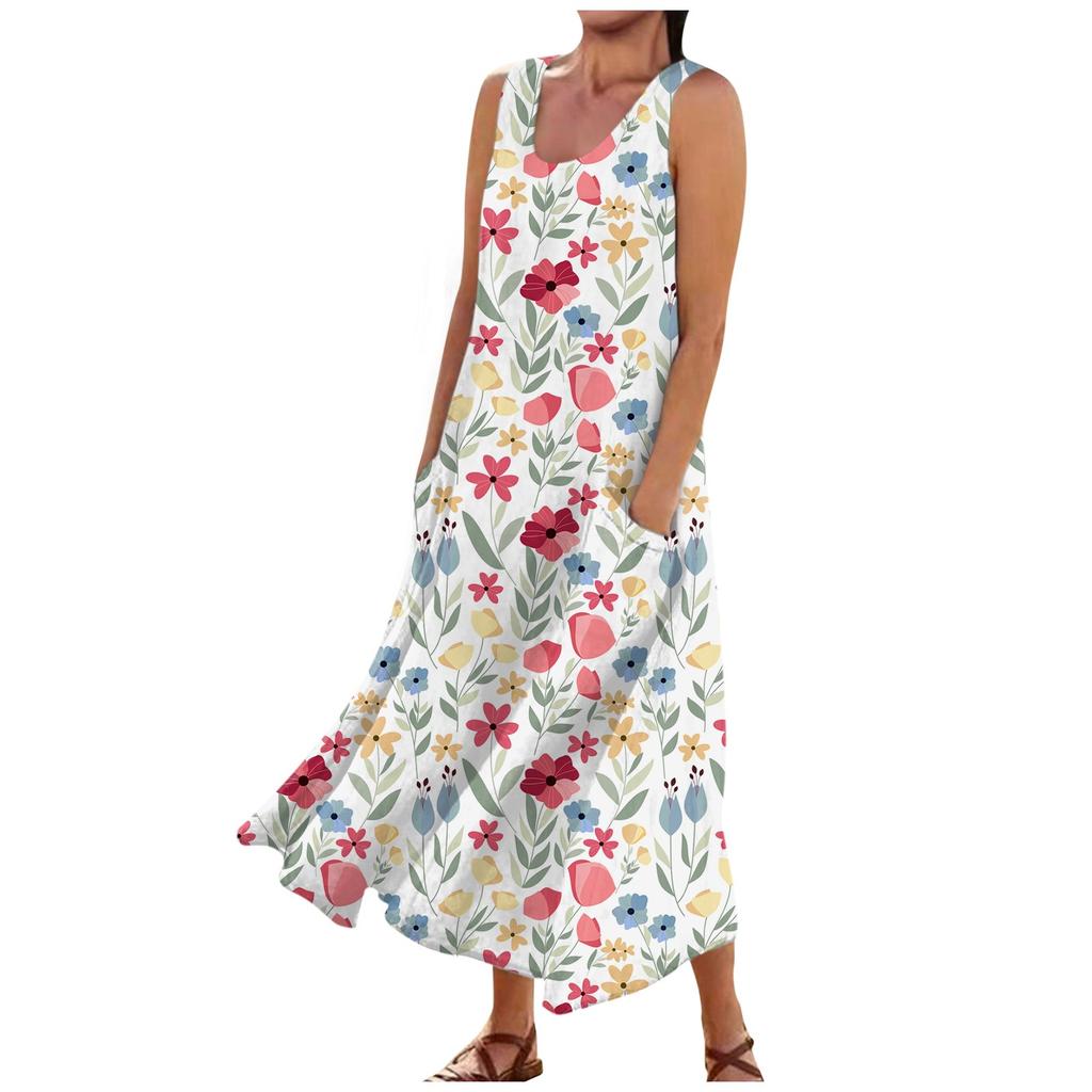 Women's Casual Comfortable Floral Print Sleeveless Cotton Pocket Dress