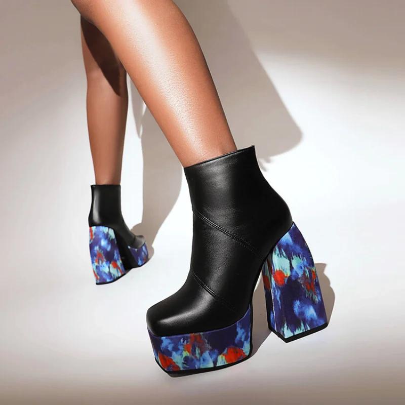 

Autumn Winter 2025 New style Square Head Thick Heel Short Boots High Heels British keep warm Boots Women s Slim High Heels 35 чёрный