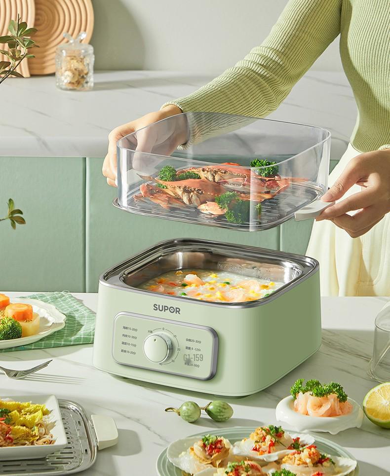Supor ZN23FK930 Stainless Steel Three-Layer Electric Steamer with Visible Grid and Large Capacity.