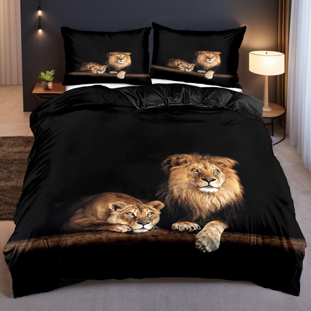 Black Lion Pattern 3D Printed Quilt Cover Set Wild Animals Theme Bedding Set For Kids Teens Adults Soft Quilt Cover Pillowcases