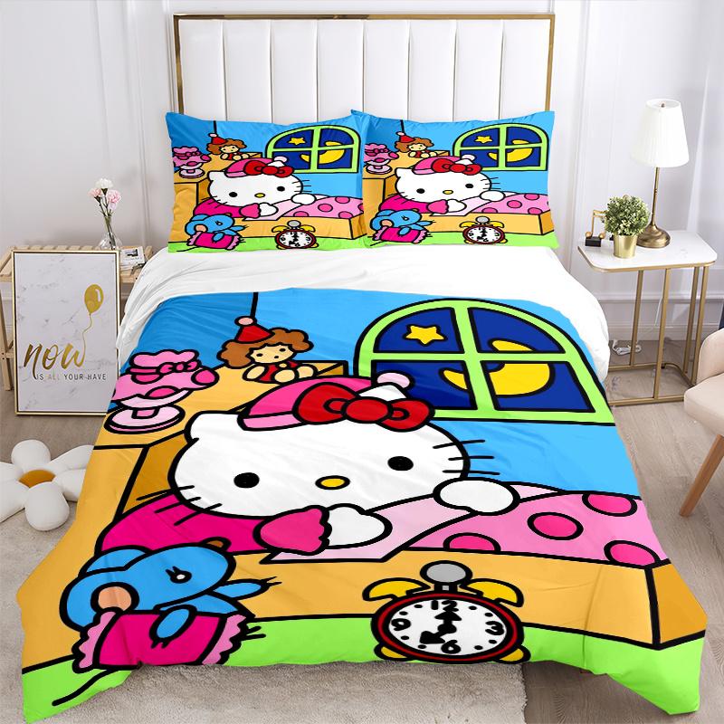 3pcs Goodnight Hello Kitty Bedding Set Includes Quilt Cover and Pillowcases, Suitable for All Seasons, Machine Washable Ideal Gift W026