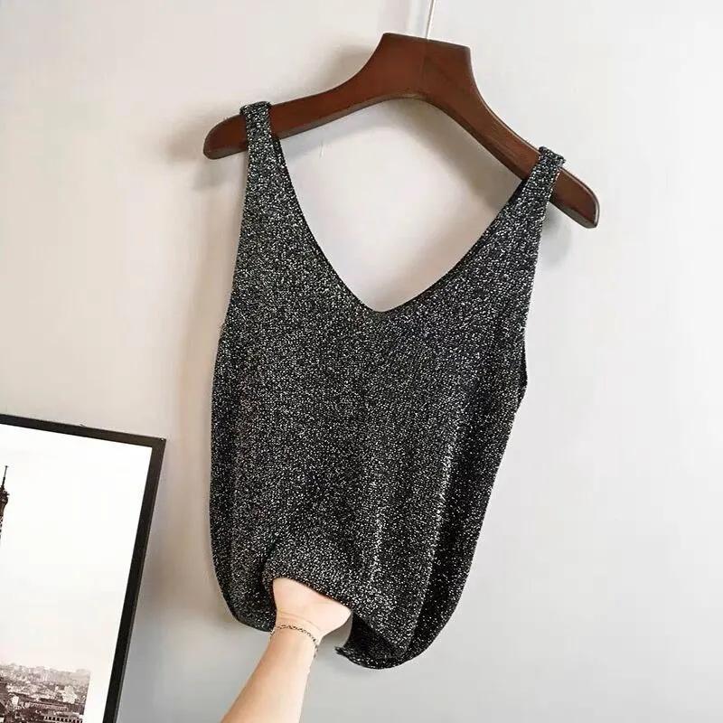 Black Undershirt Tank Thin Knit Vest Bright Silk Women Sexy Sleeveless Top Loose Causal Office Lady Korean Fashion Summer