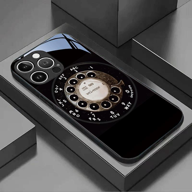 Vintage Turntable Phone Pattern Tempered Glass Phone Case Black for iPhone17 16P 15 14 13 12 11 11 Pro Back Cover