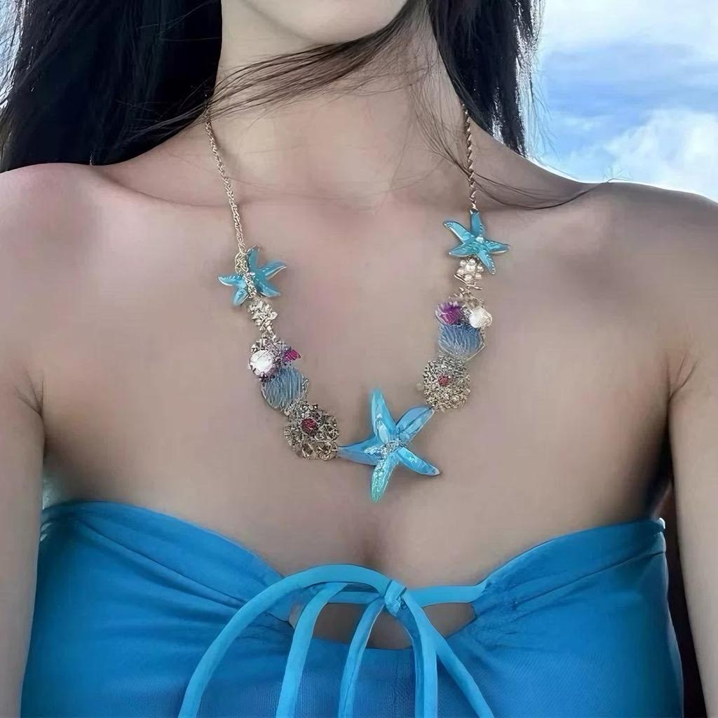 Summer Blue Starfish Shell Necklace, Seaside Vacation Atmosphere Photo Clavicle Accessory