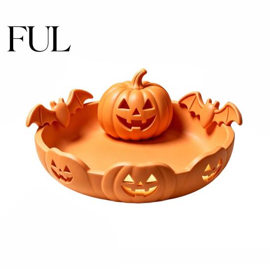Decorative Table Centerpiece Halloween Pumpkin Tray, Bat Relief Candy Holder, 3D Printed Tray Desktop Storage Bowl, Spooky Tabletop Ornament for Party