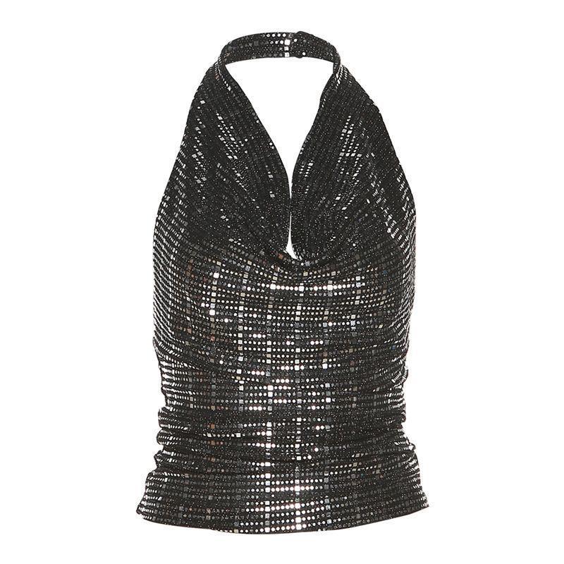 Street Style Sequin Rhinestone Halter Neck Tank Top - European & American Fashion