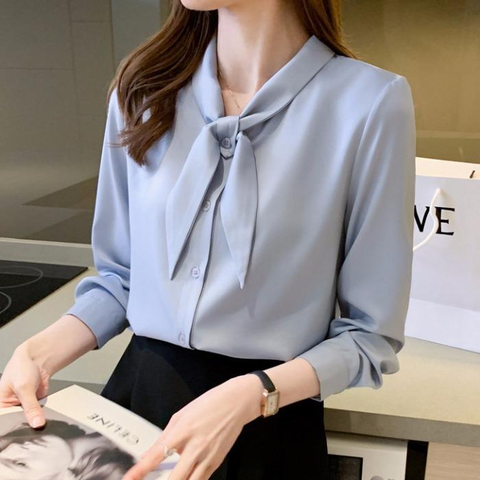 Bow White Shirt for Women with Long Sleeve Spring and Autumn Satin Professional Formal Wear Work Clothes Top Design Niche